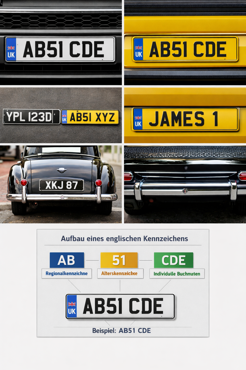 Nahaufnahme eines englischen Kennzeichens vorne und hintenVergleich Altkennzeichen vs. modernes System Personalisierte Kennzeichen aus London Oldtimer mit schwarzem Kennzeichen Übersichtsgrafik zum Aufbau der Zeichenfolg